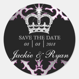 Damask Rett Date Wedding Stickers Pink Crown