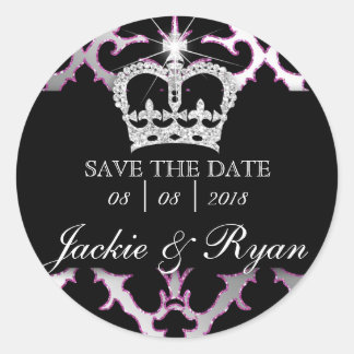 Damask Rett Date Wedding Stickers Pink Crown
