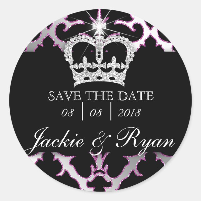 Damask Rett Date Wedding Stickers Pink Crown (Vorderseite)