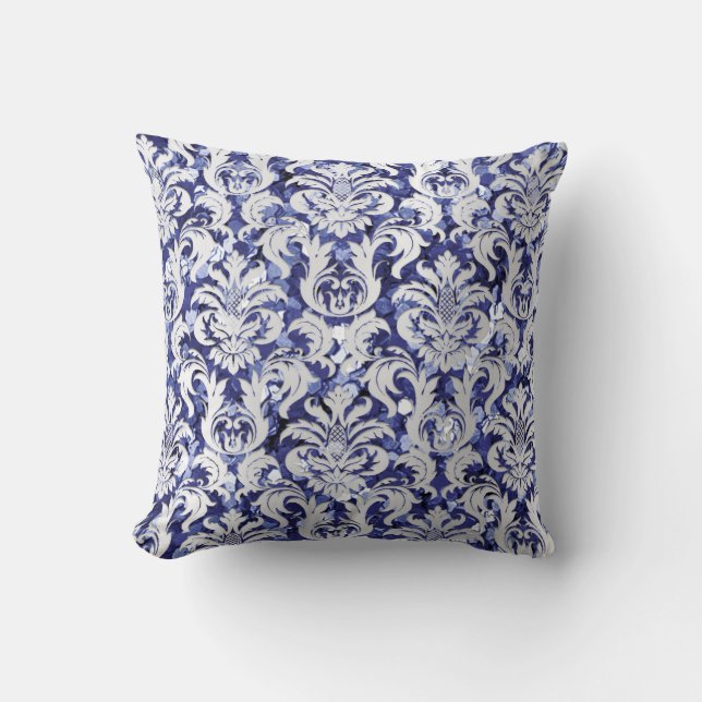 Damask Royal Glitzer Silver Gray Indigo Blue Navy Kissen (Vorderseite)
