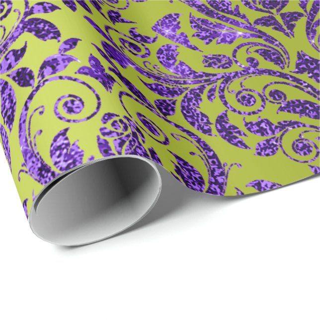 Damask Royal Lila Amethyst Violet Lime Green Geschenkpapier (Rolleneckpunkt)