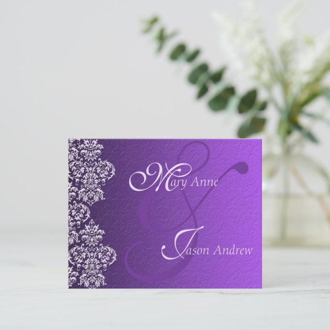 Damask Royal Lila Wedding Invitation Card Einladung (Stehend Vorderseite)
