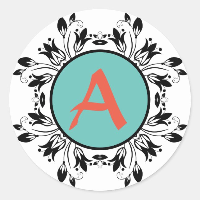 Damask schwarz-weiß MONOGRAM-Aufkleber Runder Aufkleber (Vorderseite)
