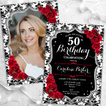 Damask Schwarz-weiß Silver Red Foto 50. Geburtstag Einladung<br><div class="desc">Elegante florale feminine 50. Geburtstagseinladung mit Ihrem Foto auf der Kartenrückseite. Glam Schwarz-weiß rotes Design mit Imitaten Glitzer Silber. Enthält schwarz-weiße Damasketmuster, rote Rosen, Skript-Schriftart und Konfetti. Ideal für ein stilvolles Party für Erwachsene. Personalisieren Sie Ihre persönlichen Daten. Kann für jedes Alter angepasst werden! Gedruckte Zazzle Einladungen oder Sofortdownload digitalen...</div>