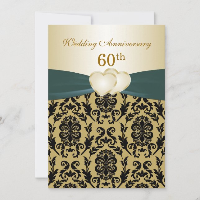 Damask schwarze goldene Herzen 50. Hochzeitstag Einladung (Vorderseite)