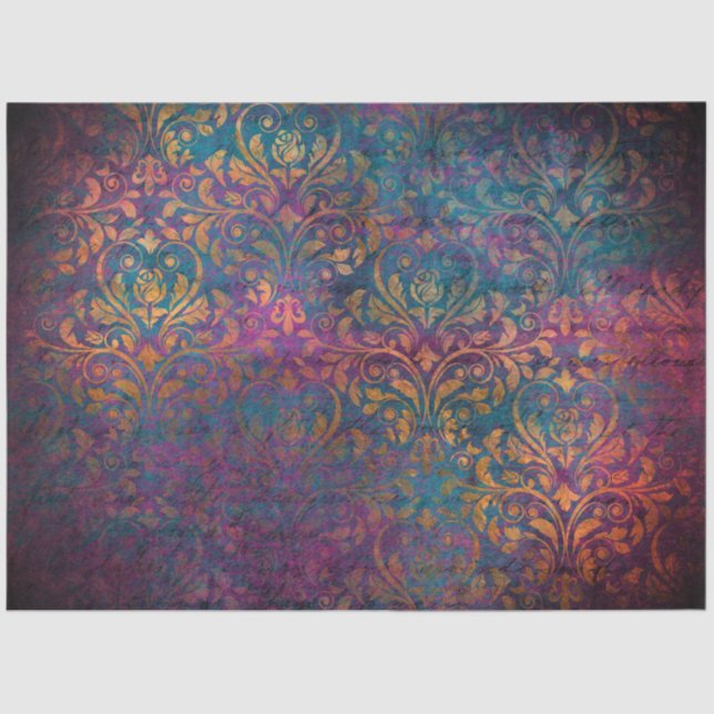 Damask & script elegant purple blue gold   seidenpapier (Vorderseite)