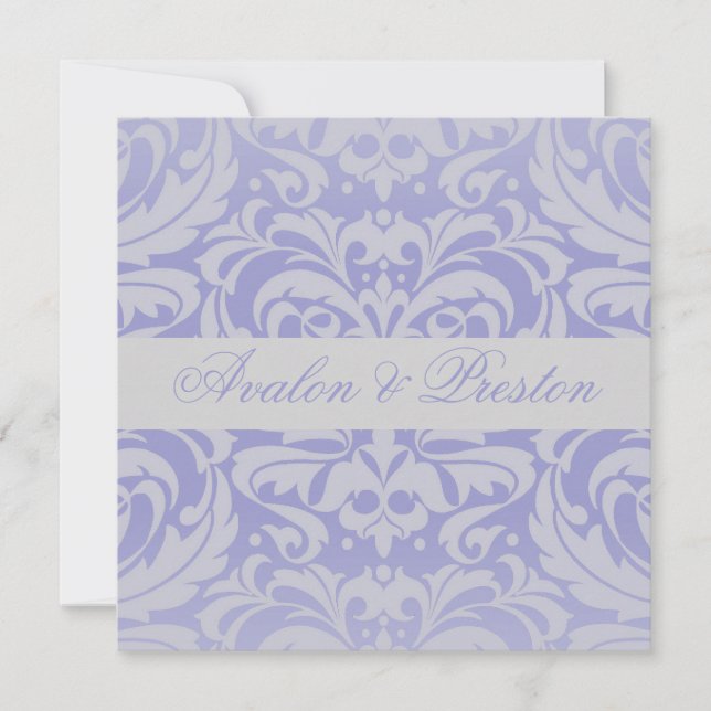 Damask Scroll Ribbon Blue Wedding Einladung (Vorderseite)