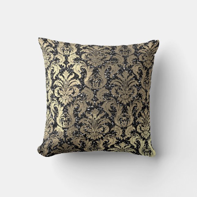 Damask Sepia Gold Metallic Black Glitzer Kissen (Vorderseite)