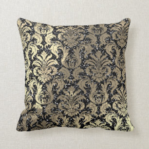 Damask Sepia Gold Metallic Black Glitzer Kissen