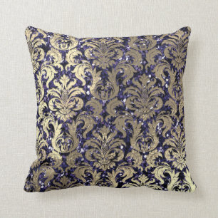 Damask Sepia Gold Metallic Blue Navy Glitzer Kissen