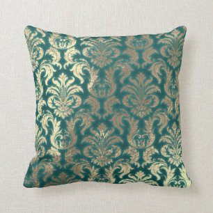 Damask Sepia Gold Metallischer Aquamariner Velvet- Kissen