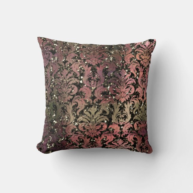 Damask Sepia Pastel Pink Green Metallic Glitzer Kissen (Vorderseite)