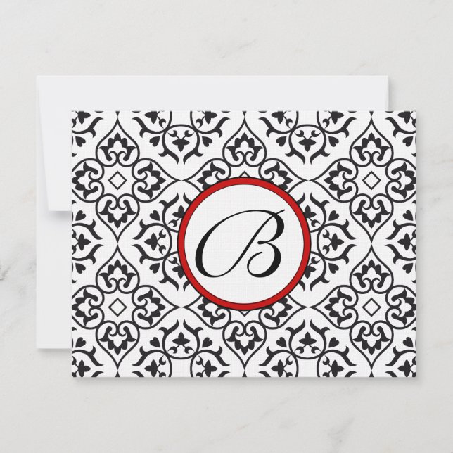 Damask Side Borders Red Trim Wedding RSVP Karte (Vorderseite)