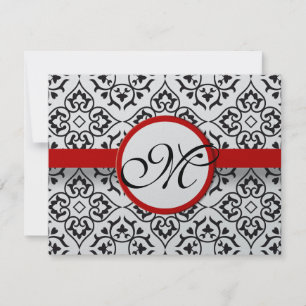 Damask Side Borders Red Trim Wedding RSVP Karte