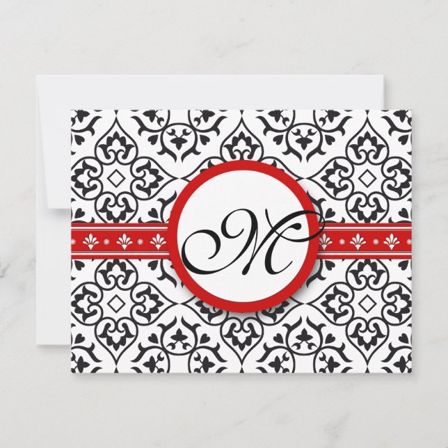 Damask Side Borders Red Trim Wedding RSVP Karte (Vorderseite)