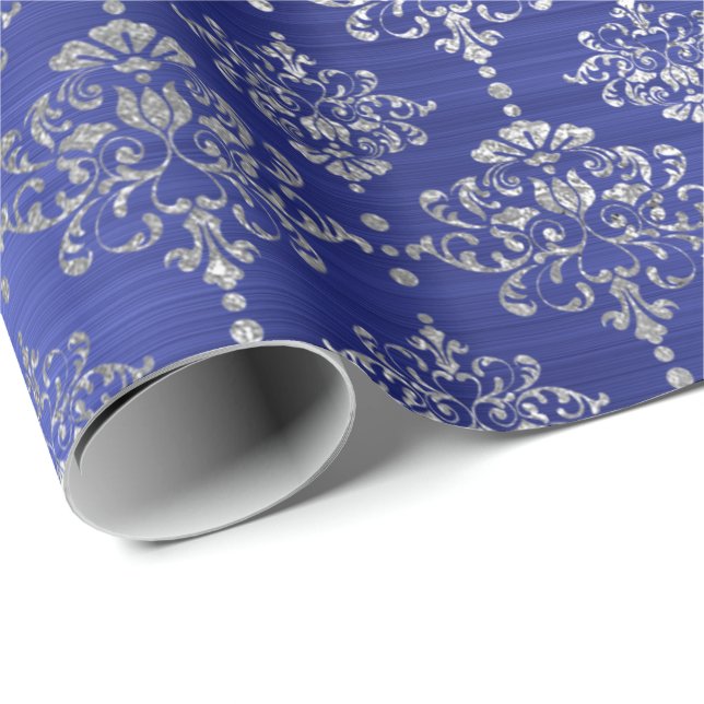 Damask Silver Cobalt Blue Royal Ornament Frankreic Geschenkpapier (Rolleneckpunkt)