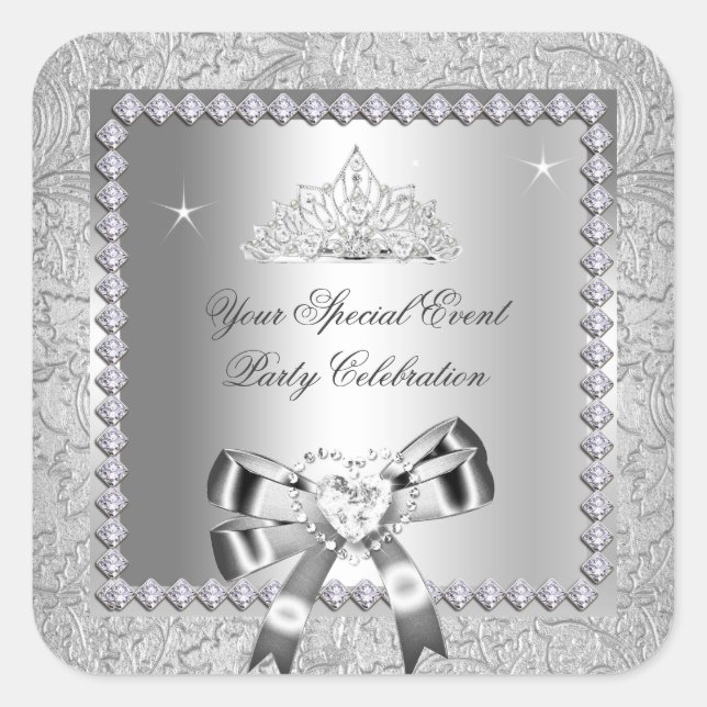 Damask Silver Diamonds Tiara Bow Herzbilder Quadratischer Aufkleber (Vorderseite)