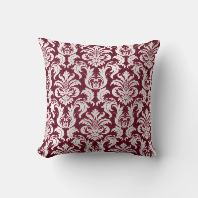 Damask Silver Gray Metallic Burgundy Velvet Kissen (Vorderseite)