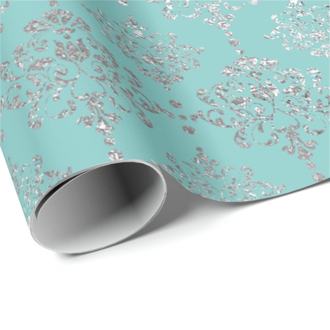 Damask Silver Gray Royal Metallic Aqua Blu Geschenkpapier (Rolleneckpunkt)