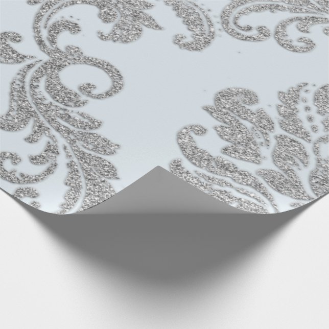Damask Silver Gray Royal Metallic Blue Glitzer Lux Geschenkpapier (Ecke)