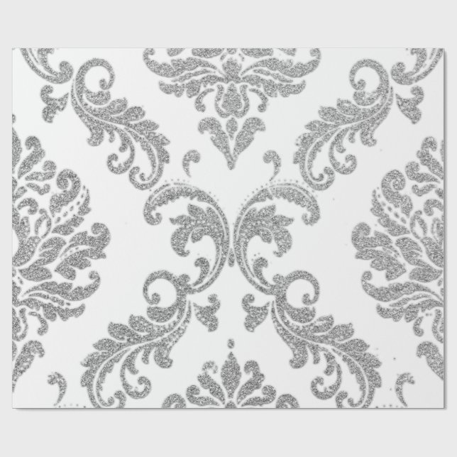 Damask Silver Gray Royal Metallic White Glitzer Geschenkpapier (Flach)