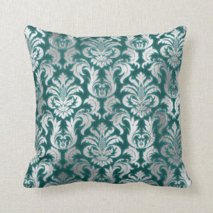 Damask Silver Grey Metallic Aquamariner Velvet-Eff Kissen