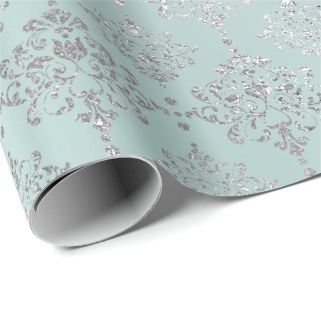 Damask Silver Ice Aqua Geschenkpapier (Rolleneckpunkt)