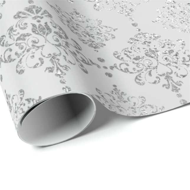 Damask Silver Monochromatisches Royal Ornament For Geschenkpapier (Rolleneckpunkt)