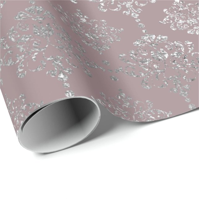 Damask Silver Royal Metallic Mauve Gray Pink Geschenkpapier (Rolleneckpunkt)
