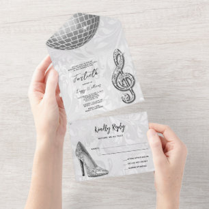 Damask, Silver Stiletto, Music & Disco Ball 40. All In One Einladung