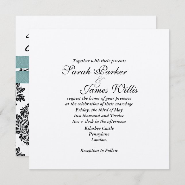 Damask Silver & türkis metallic Wedite Einladung (Vorne/Hinten)