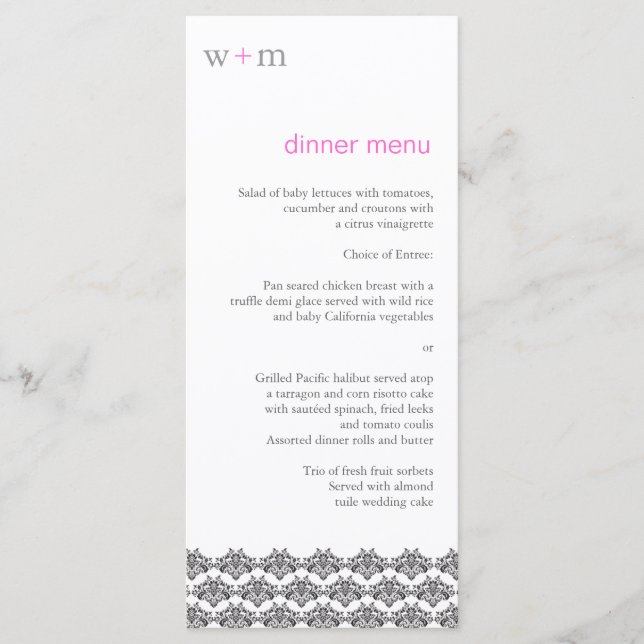 Damask Simplicity Gray Pink Wedding Menu Menükarte (Vorderseite)