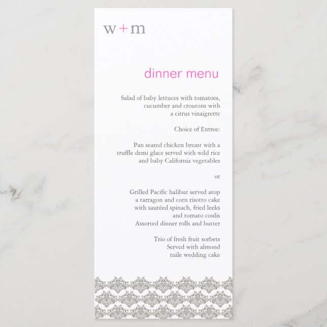 Damask Simplicity Taupe Pink Wedding Menü Menükarte (Vorderseite)