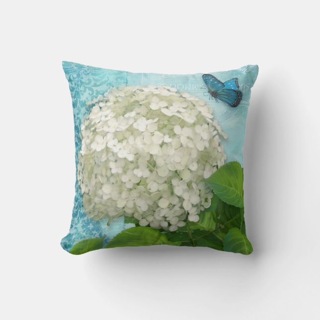 Damask Snowball White Hydrangea Blauer Schmetterli Kissen (Vorderseite)