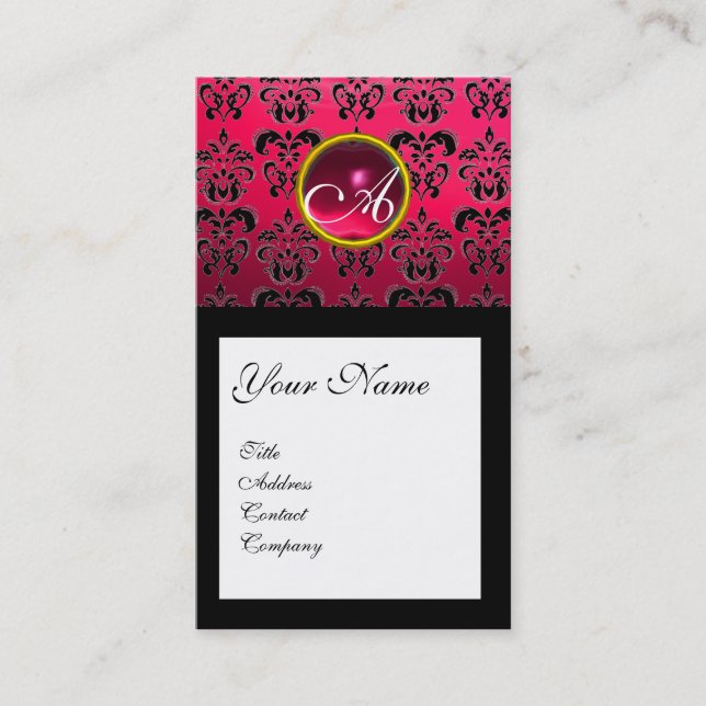 DAMASK SQUARE MONOGRAM, Fuchsia, rote Ruby Visitenkarte (Vorderseite)