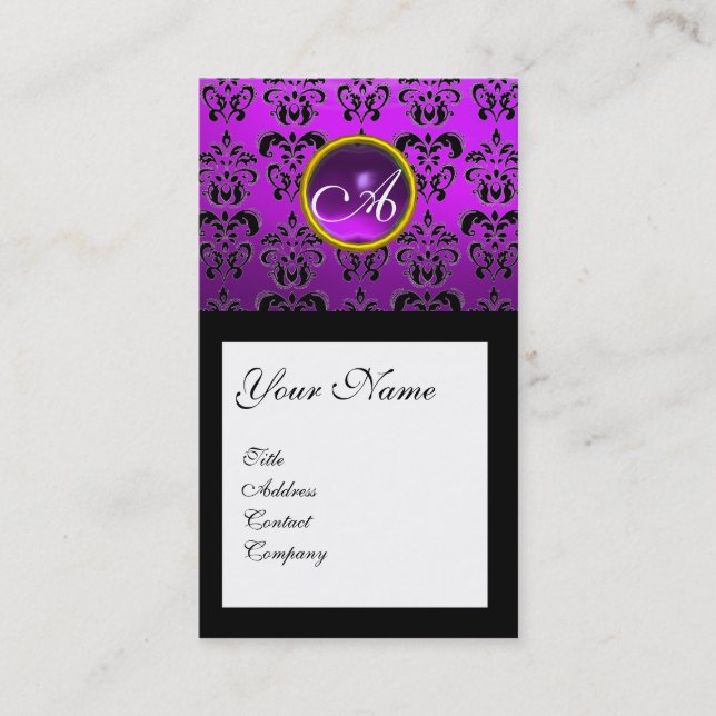 DAMASK SQUARE MONOGRAM, lila, violetter Amethyste Visitenkarte (Vorderseite)