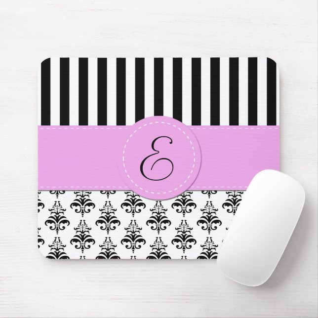 Damask, Streifen, schwarz und weiß, Monogramm Mousepad (Mit Mouse)