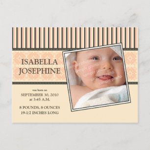 Damask & Stripes Coral Baby Geburtsankündigung Ankündigungspostkarte
