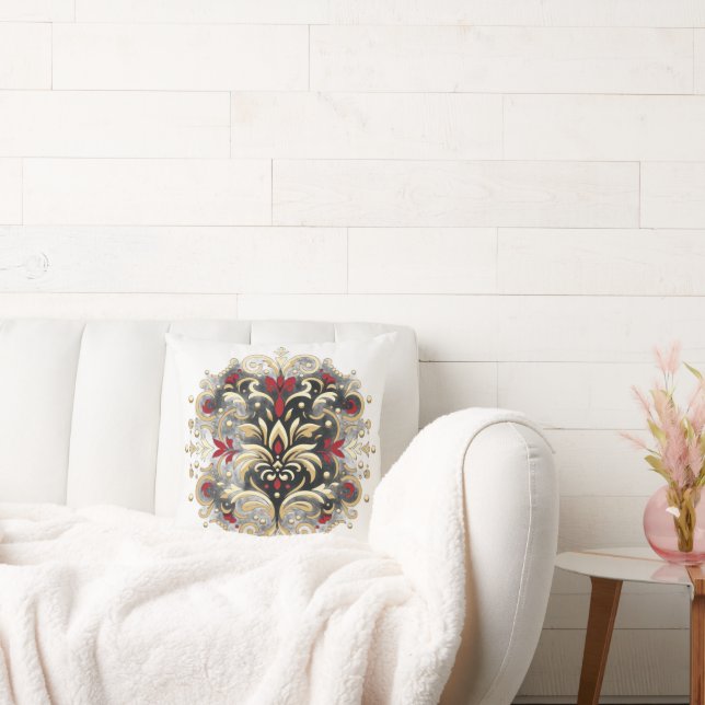 Damask Style in Rot, Gold und Schwarz Kissen (Liege)
