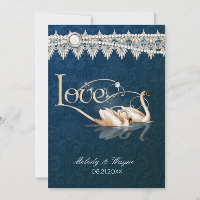Damask Swan Elegance Blue - Einladung zur Hochzeit (Vorderseite)