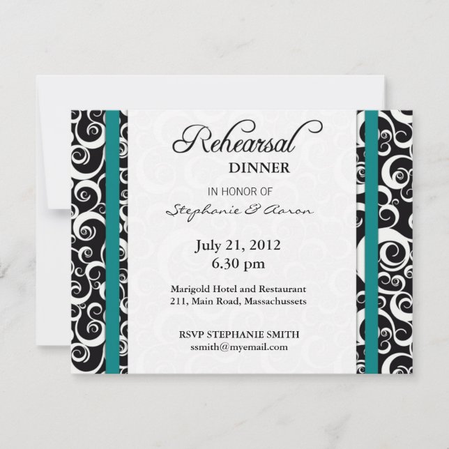 Damask Swirl Probe Dinner Card Aquamarin Einladung (Vorderseite)