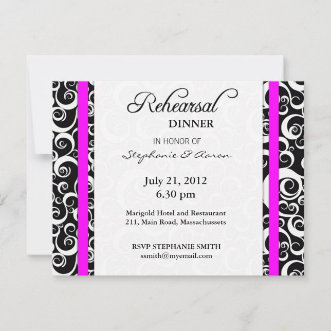 Damask Swirl Probe Dinner Card in Fuchsia Einladung (Vorderseite)
