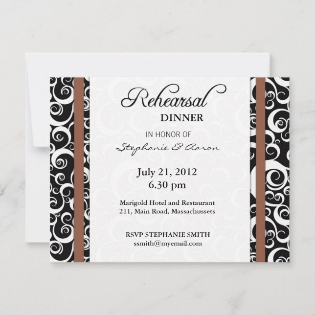 Damask Swirl Probe Dinner Card in Mocha Einladung (Vorderseite)