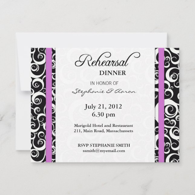 Damask Swirl Probe Dinner Card Lila Einladung (Vorderseite)