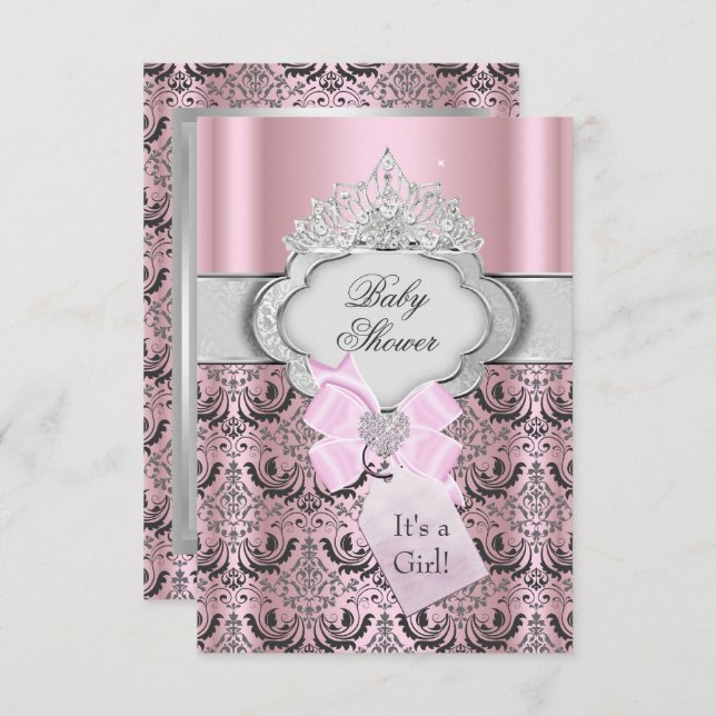 Damask & Tiara Princess Kinderdusche Einladung (Vorne/Hinten)