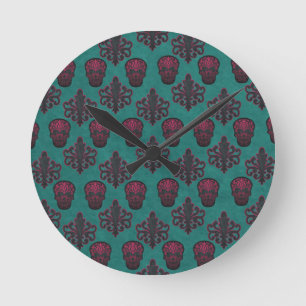 DAMASK TOTENKOPF HEISS PINK AUF BLAUGRÜN RUNDE WANDUHR
