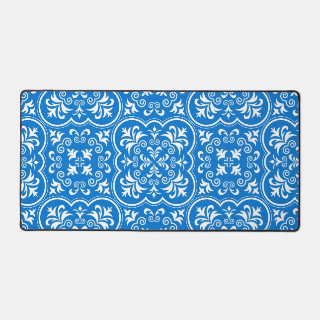 Damask True Blue Classic monochromatisch Schreibtischunterlage (Vorderseite)