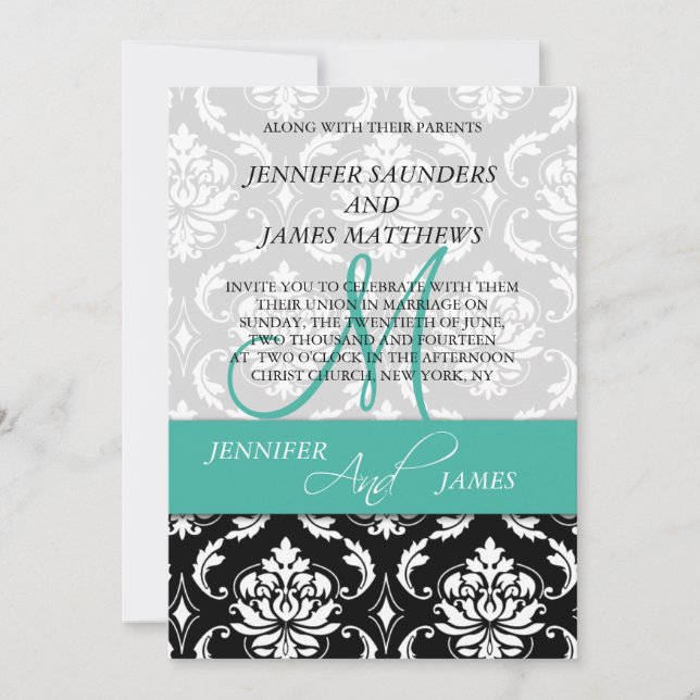 Damask Türkis Monogram Names Wedding Einladung (Vorderseite)