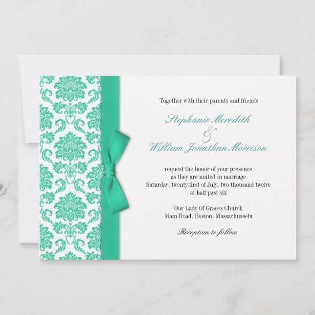 Damask Turquoise Bow Wedding Einladung (Vorderseite)