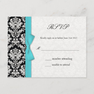 Damask Turquoise Bow Wedding RSVP Card Karte